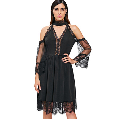 

Cold Shoulder Lace Mesh Insert Midi Dress