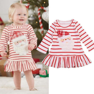 

Christmas Baby Girls Dress Santa Claus Princess Striped Dresses With Ruffle Hem