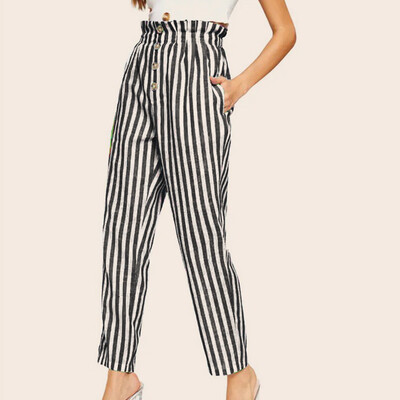

Ladiesstriped Printed Button High Waist Casual Pants