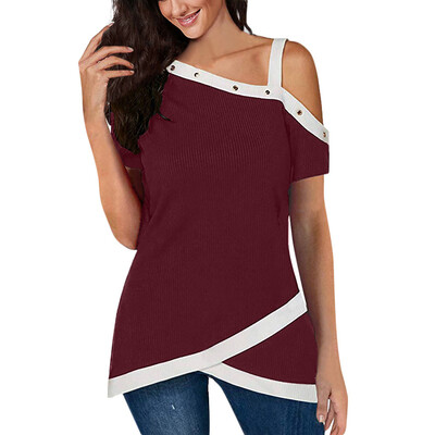 

Starmoon Womens Short Sleeve Off Shoulder Tops Oblique Collar Rivet T-Shirts