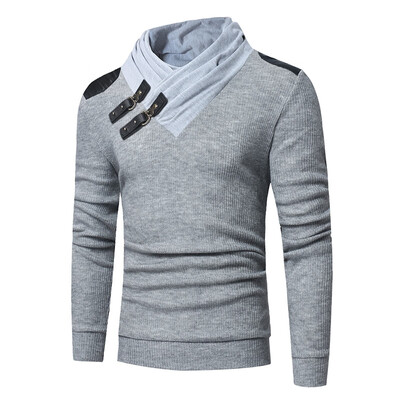 

Men\s Fashion Solid Color Pile Collar Leather Stitching Long-Sleeved Slim