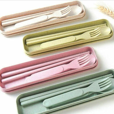 

Portable Wheat Straw Knife Fork Spoon Chopsticks Travel Camping Cutlery SetBox