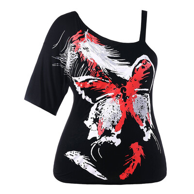 

Nomeni Women Sexy One Shoulder Strapless Scrawl Printed Skew Neck Casual Blouse Tops