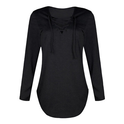 

Women Casual Loose V-neck Strap Long Sleeve Turtleneck T-Shirt Tops Solid Color