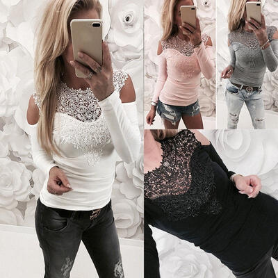 

Summer Womens Lace Floral Tee Shirt Hollow Out Tops Blouse Slim Cotton T-shirt