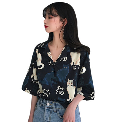

Women Casual Cat Print Long-sleeved Shirt 2019 New Fashion Lapel Women Tops Korean Style Female Loose Blouses blusas mujer