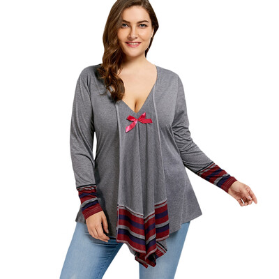 

Bowknot Striped Asymmetrical Plus Size Tee
