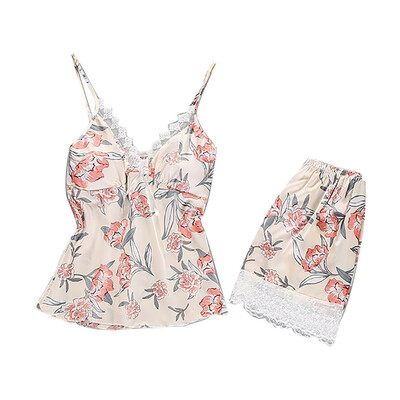 

Toponeto Women Sexy Satin Fashion Print Lace Bow Pajamas Sleepwear Set With Chest Pad