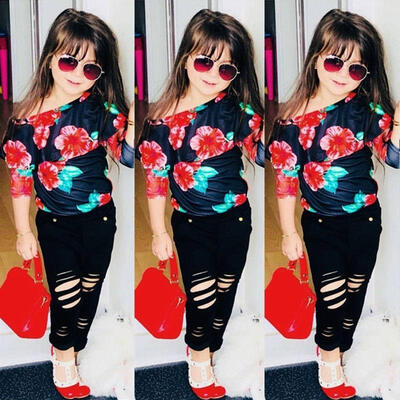 

Toddler Kids Baby Girls Flower Off Shoulder Tops Long Pants Outfits Clothes Set
