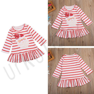 

Pretty X-mas Baby Girl Dress Casual Princess Striped Dresses Ruffle Hem Skirt
