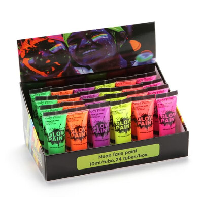 

24 Tubes 10ml034oz Art Body Paint Glow in Dark or UV Light Face & Body Paint with 6 Colors Glow Blacklight Neon Fluorescent for