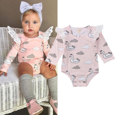 

Toddler Infant Baby Girl Cartoon Swan Lace Romper Jumpsuit Cute Printed Outfits Clothes 0-24M