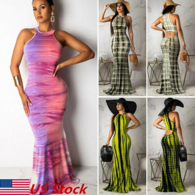 

Womens Ladies Casual Sleeveless Striped Beach Dress Bodycon Maxi Summer Dress US