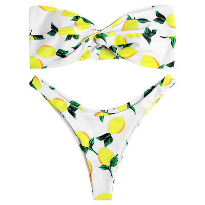 

Strapless Backless Padded Lemon Print Low Waist Women Bikini Set