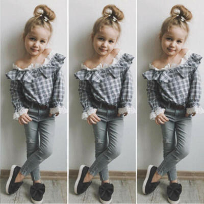 

Toddler Kids Baby Girl Ruffle Clothes Set Plaids Shirt Tops Jeans Pants Outfits