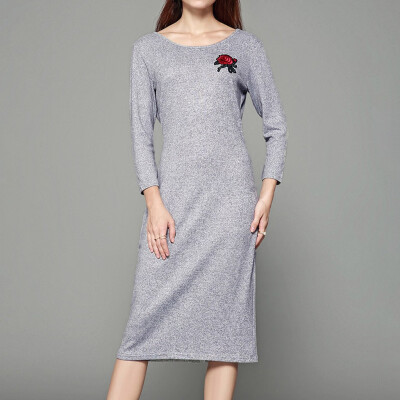 

Tailored Fashion Women Leisure Applique Long Sleeve Solid Color O-Neck Dress