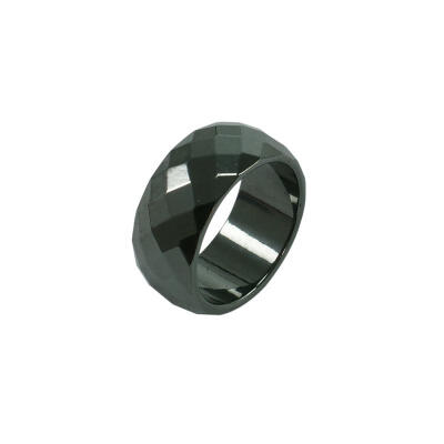 

Faceted Hematite Wide Band Ring Black about 20mm inner diameter 10mm wide