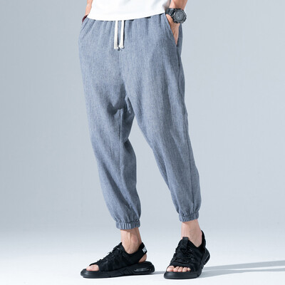 

Gobestart Mens Casual Vintage Loose Cotton Linen Pure Color Comfort Ankle-Length Pant