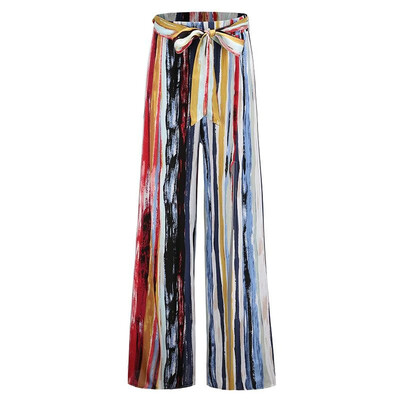 

Fashion Women Wide Leg Pants Striped Contrast Color Split Loose Long Pants Boho Beach Trousers Blue