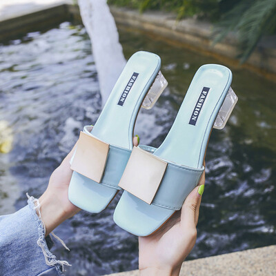 

Slippers for women wearing Xia&Han versions of Baitao open toe metal square buckle fashion thick heel flip-flops