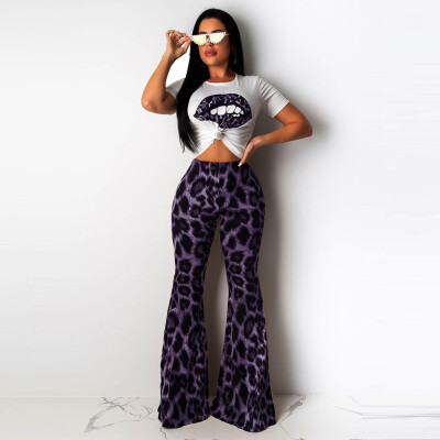 

Toponeto Fashion Women Lips T-Shirt Crop Top Leopard Flare Leg Long Pants 2 Piece Outfits