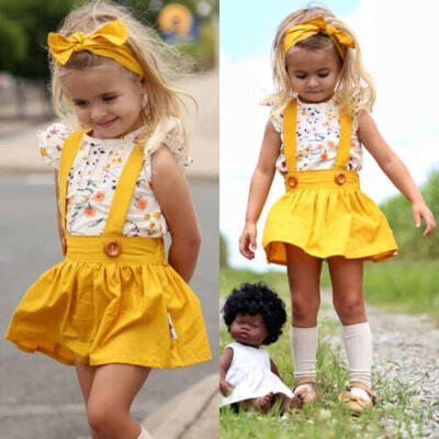 

Toddler Kids Baby Girls Outfits Clothes T-shirt TopsStrap Dress Skirt 3PCS Sets