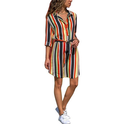 

Bohemian Style Striped Print Knee-length Dress Fashion Trend V-neck Long-sleeved Womens Dress