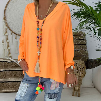 

Womens Sweatshirt Loose Thin Solid Color V-neck Hooded Long Sleeve T-shirt Tops
