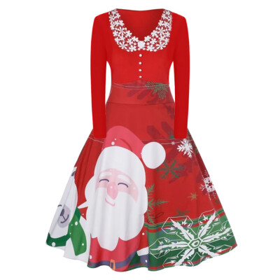 

Tailored Womens Fashion Retro Santa Claus Snowflake Print Round Neck Christmas Dress