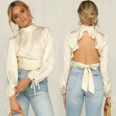 

Women Lantern Sleeve High Collar Blouse Sexy Backless Crop Tops White Bandage Tees