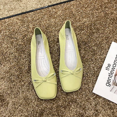 

Summer Bean Shoes Womens Square Head Shallow Butterfly Knot Work Shoes Womens Flat Bottom Soft sole Single Shoes