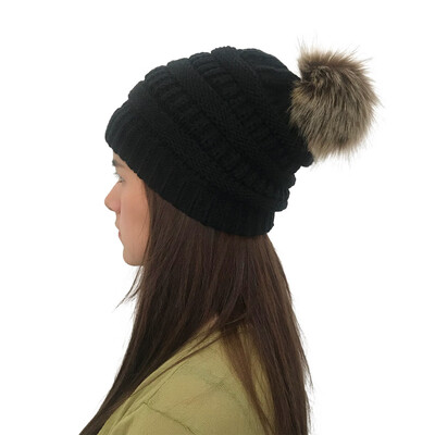 

Tailored Women Autumn Winter Outdoor Faux Fur Ball Hats Crochet Knit Holey Beanie Cap