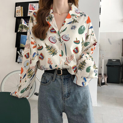 

2019 Autumn Vintage Print Female Blouse Fashion Loose Long Sleeve Shirts V Collar Sweet Women Tops