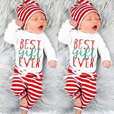 

Xmas Striped Newborn Baby Boys Girls Outfit Clothes Romper Top Long Pants Hat