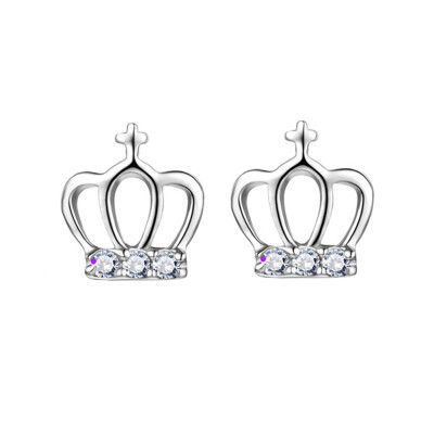 

1 Pair Women Girls Cute Princess Crown Micro-Inlaid Zircon Silverplated Ear Stud Earrings Fashion Jewelry