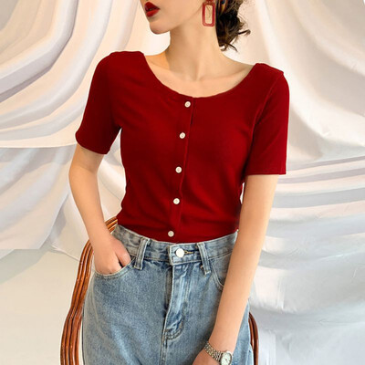 

Sexy Casual Autumn Summer Women T-Shirt Button O-Neck Lady Tee Tops Short Knit Short-Sleeved Womens T Shirt