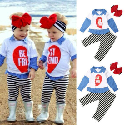 

US Toddler Kids Baby Girl BEST FRIEND Clothes Set Shirt Top Stripe Pants Outfit