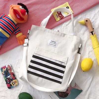 

Women Canvas Handbag Stripped Pattern Tote Pouch Students Casual Shoulder Bag
