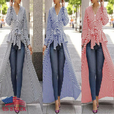 

Women Striped Long Sleeve Shirt Dress Blouse T-shirt V-Neck Slim Casual Tops US