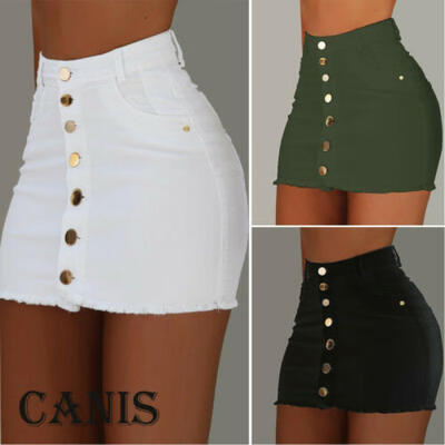 

Women Strench High Waist Solid Skirt Summer Button Denim Short Mini Jeans Dress