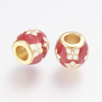 

Alloy Enamel European Beads Large Hole Beads Round with Flower Golden Red 10x8mm Hole 4mm