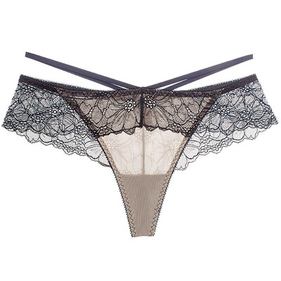 

Toponeto Female Underpant Sexy Hollow Transparent Ice Lace Belt Low Waist Seamless Thong