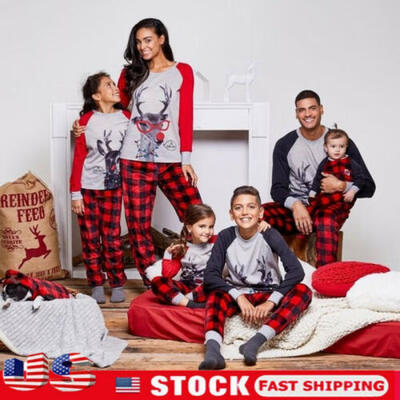 

USA Christmas Family Matching Pajamas PJs Set Dad Mum Kids Baby Xmas Sleepwear