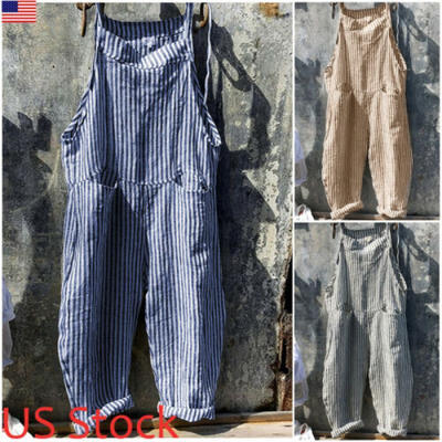

US Womens Summer Linen Cotton Jumpsuit Dungarees Pants striped Wide Leg Pants