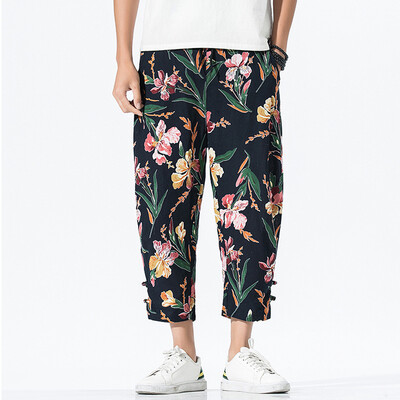 

Gobestart Mens Casual Vintage Loose Cotton Linen Printing Patchwork Ankle-Length Pant