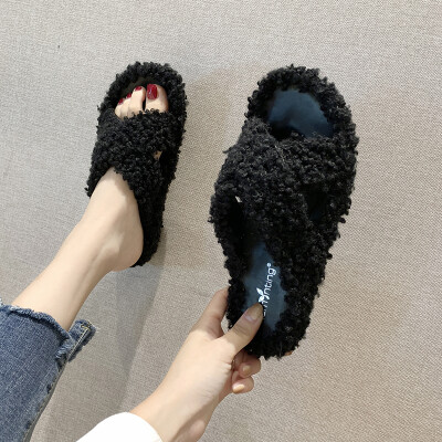 

Lamb Mao Mao slippers women 2019 summer&autumn wear small fresh flat net red drag social slippers tide