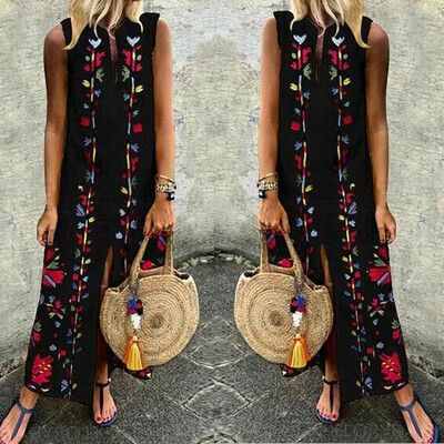 

New Womens Sleeveless Boho Print Party Casual Maxi Dress Long Dresses Summer