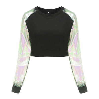 

Laser Transparent T-shirt Spring Autumn Harajuku Japanese Women Long Sleeve Patchwork Crop Top Women Tees
