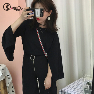 

Chic Women Tops Solid Color Slit T-shirt Korean Style Loose Casual Round Neck Long-sleeved Tops Tee