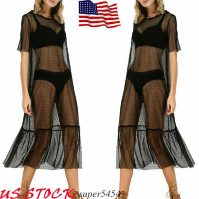 

Women Swimwear Swimsuit Cover Up Lace Fishnet Short Sleeve Long Beach Dress US